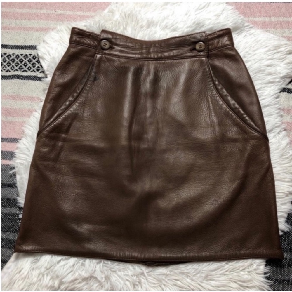 Vintage Genuine Leather Mini Skirt Button Pockets Chocolate Brown 38